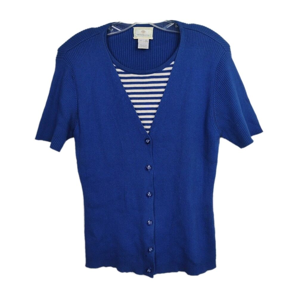 Vintage Susan Bristol Women's Pullover Blue Cardigan w/ Striped Shirtfront, Sz M
